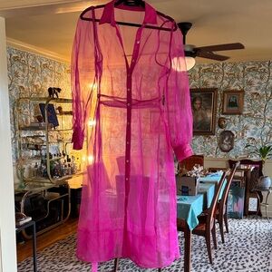 SOHO M.R. Bright Pink Long Sleeve Sheer Organza Dress size Small w/ Gold Buttons